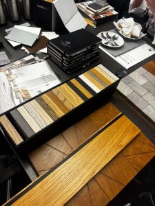 Timber flooring and tile samples displayed at the Savills lunch and learn