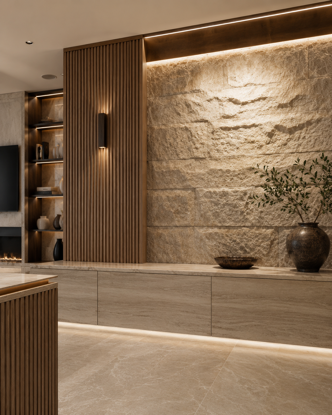 Luxury interior featuring natural stone wall panels, timber slat detailing and bespoke cabinetry
