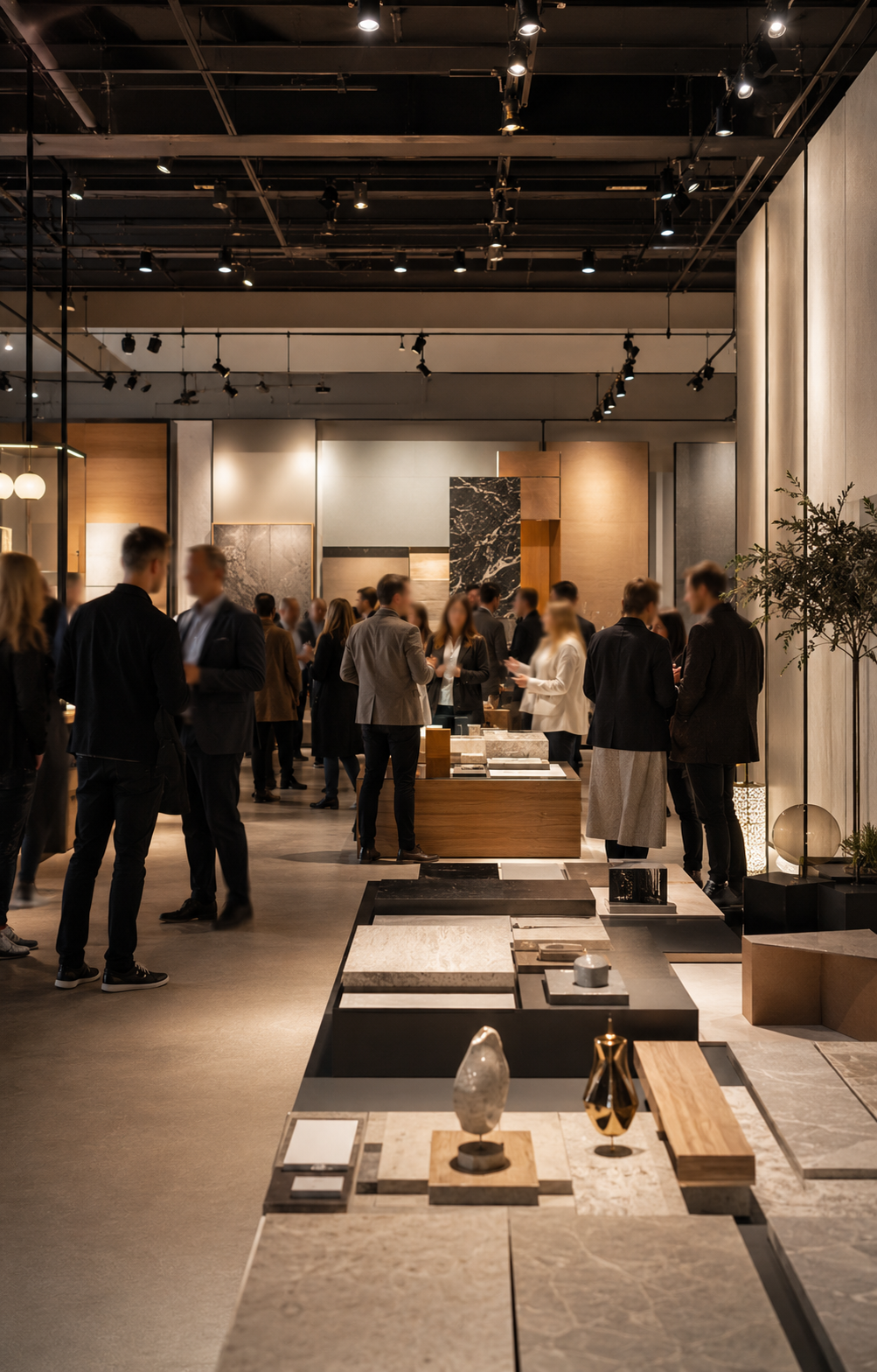 Industry professionals networking at a luxury interior materials showroom during a manufacturer and brand representation event