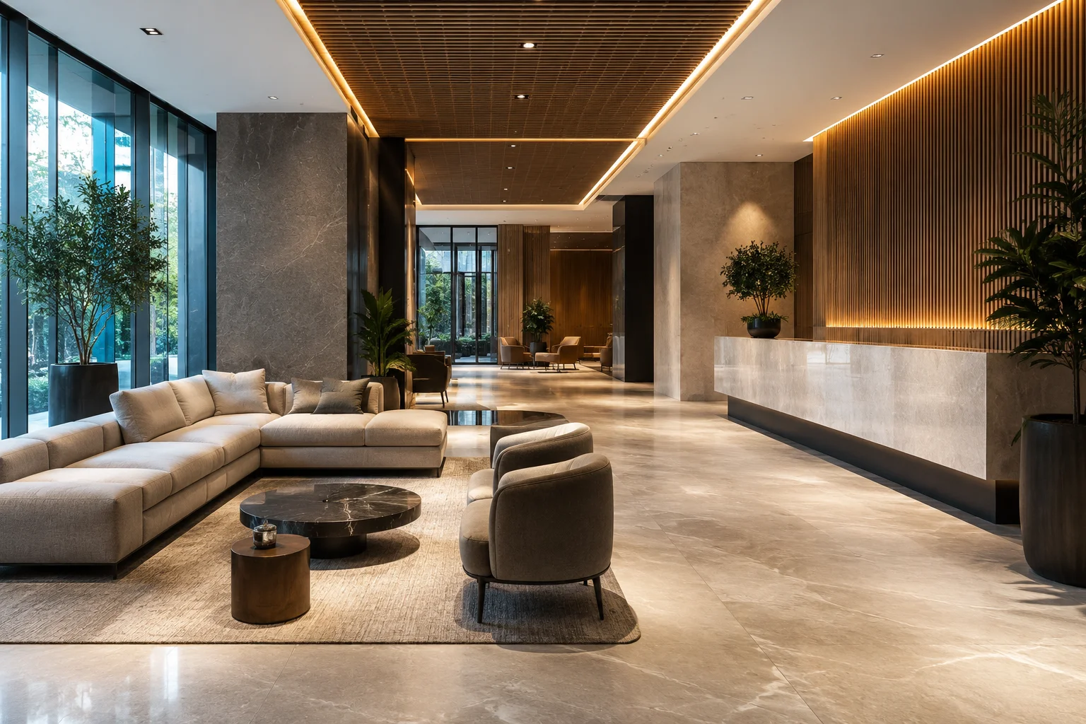 Luxury commercial reception with marble, timber and lounge seating